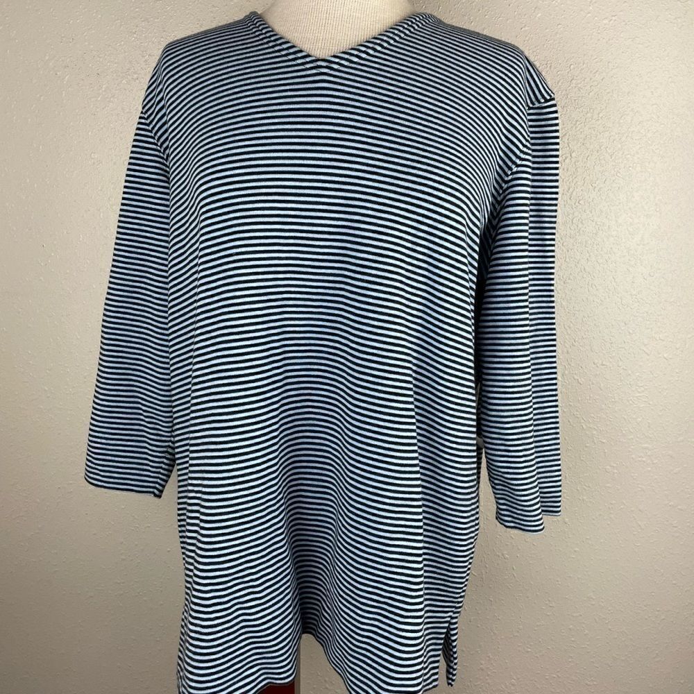 NWT JoSEPHINE CHAUS Sport Stripped Black and Sky Blue 3/4 Sleeve Top Size M